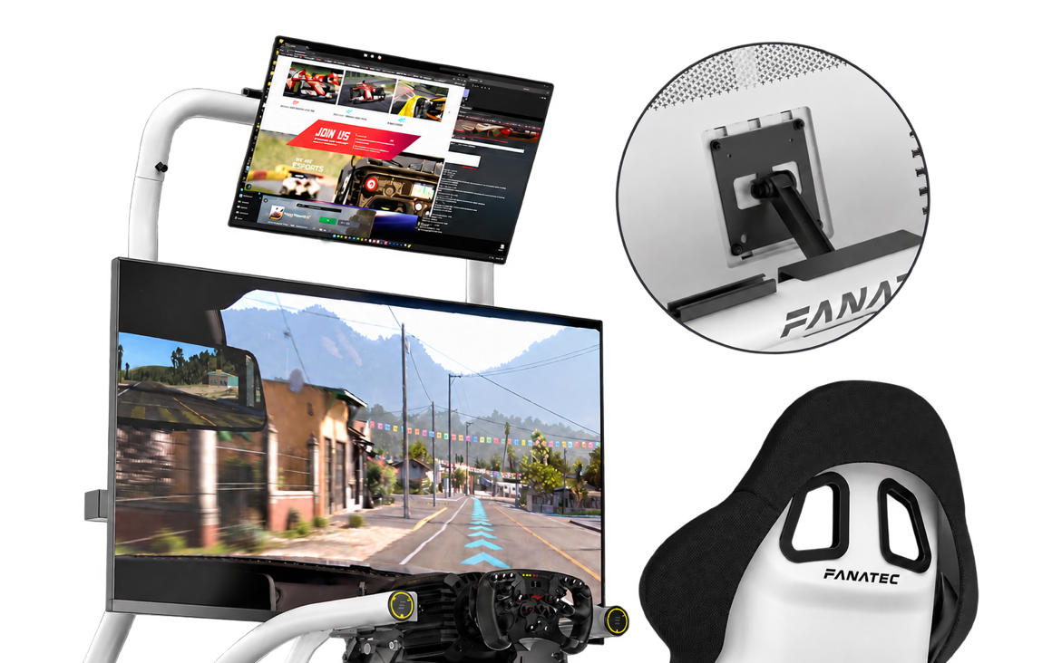 Dodatkowy monitor nad głównym ekranem na białym stojaku Fanatec GT Cockpit, ze zbliżeniem górnego uchwytu